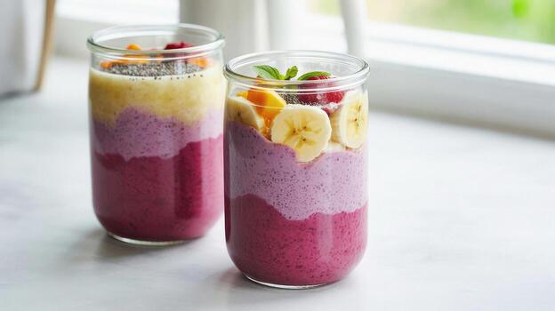 Vibrant and fresh fruit smoothies presented in jars representing a healthy, colorful, and nutritious breakfast or snack lifestyle concept. photo