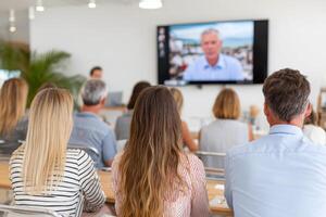 Businesspeople attending conference in modern coworking space photo