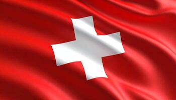 Close up of the waving flag of Switzerland. A white equilateral cross on a red square field. Symbol of Swiss patriotism, neutrality, politics, and the nation's identity. photo