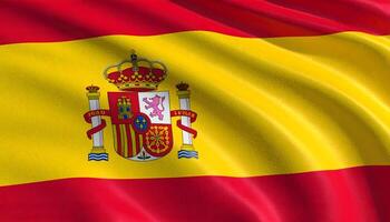 Close up of the waving flag of Spain with its coat of arms. Realistic fabric texture. A symbol of Spanish patriotism, European culture, and national identity. photo