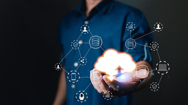 Hand hold icon cloud computing technology.data storage center system sharing management for upload download transfer.secure backup online digital networking and internet connection service concept. photo