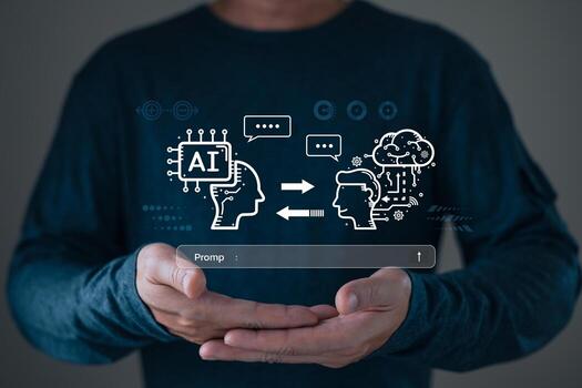 man holding smart AI chatbot and command prompt.Big data storage.Digital Artificial Intelligence technology disruption concept.We are implementing automated tech support and service in the business photo