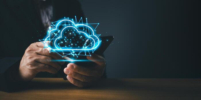 Hand touch icon cloud computing technology.secure backup online digital networking and internet connection service concept.data storage center system sharing management for upload download transfer. photo