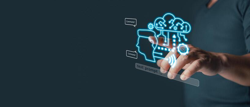 A hand hovers over a glowing cloud icon, interacting with a network of connections and a human head, symbolizing the concept of artificial intelligence and its integration with human thought. photo