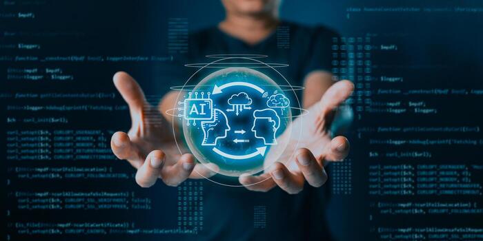 hombre sostener ai auto charla bot. grande datos centrar almacenamiento.digital artificial inteligencia tecnología ruptura concepto. nosotros son implementar almacenamiento tecnología apoyo y Servicio en el negocio. foto