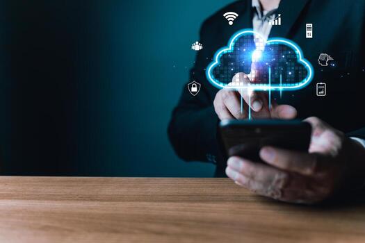 Hand touch icon cloud computing technology.data storage center system sharing management for upload download transfer.secure backup online digital networking and internet connection service concept. photo