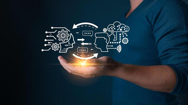 An image depicting AI and generative intelligence shows interconnected systems, automated chat processes, and innovative communication, highlighting the advancements in AI-driven technologies. photo