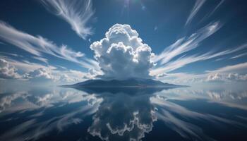Majestic Island Surrounded by Calm Waters and Dramatic Clouds Under Bright Sky photo