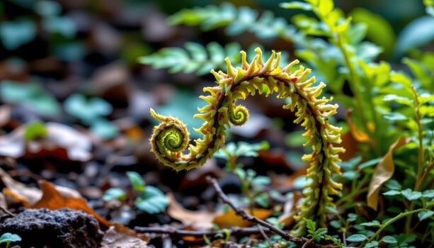 Unfurling fern fiddlehead sprout amidst forest floor foliage Close up view of a young fern photo