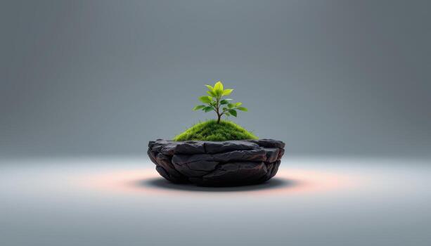 Small Plant Growing on Mossy Rock in Minimalistic Setting with Soft Light Effects photo