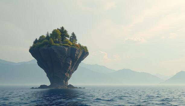 Serene Isolated Island with Lush Green Trees Surrounded by Calm Water and Mountains photo