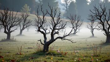 Foggy Morning in Autumn Landscape with Leafless Trees in a Mysterious Atmosphere photo
