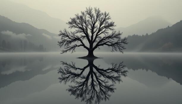 Serene Reflection of a Lonely Tree in a Misty Landscape at Dawn with Mountains photo