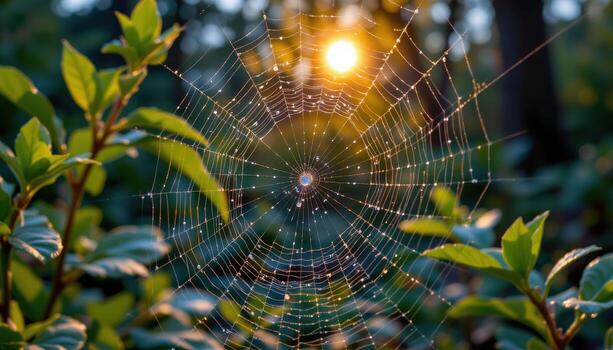 Dew covered spiderweb at sunrise intricate web pattern green foliage background photo