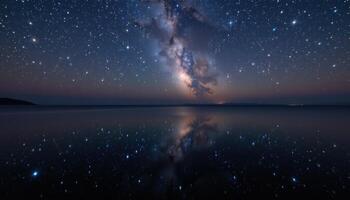 Stunning Night Sky Over Calm Water with Milky Way Reflection and Distant Starscape photo