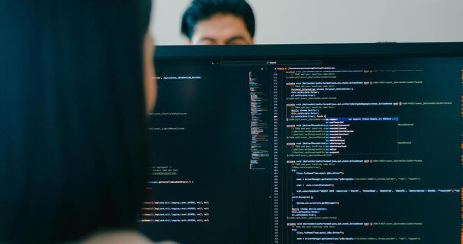 Closeup Adult Asia male, female freelance typing write prompt AI bot IT app smart program nomad, game, terminal with coding language, user interface, designer, big data center desktop computer photo