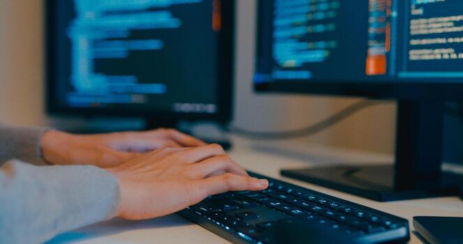 Closeup Asia female freelance typing write prompt AI bot IT app program nomad, game, terminal with coding language, designer, big data center on desktop computer in night office. photo