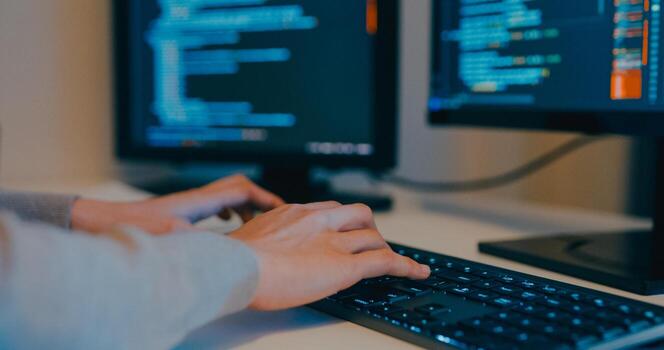 Closeup young adult Asia female freelance typing write prompt AI bot IT app program nomad, game, terminal with coding language, designer, big data center on desktop computer in night office. photo