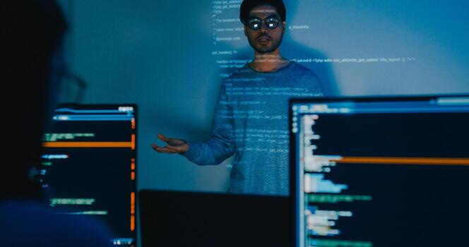 Asia male software developers mentor leader manager talk strategy plan to executive write prompt AI bot IT app program nomad, game, designer, data center. Projecting slideshow code. photo