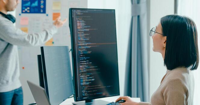 Group adult Asia male female software developers mentor leader manager talk strategy plan to executive write prompt AI bot IT app program nomad, data center. Whiteboard slideshow code photo