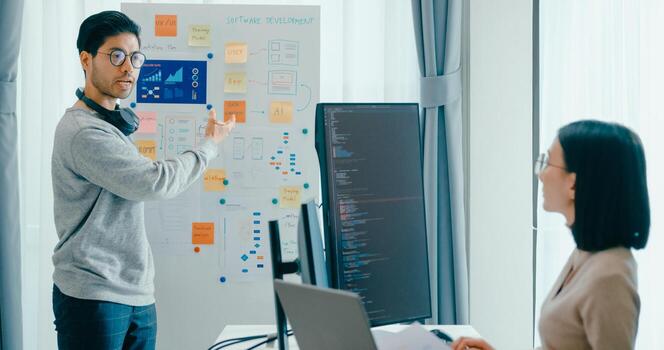 adult Asia male female software developers mentor leader manager talk strategy plan to executive write prompt AI bot IT app program nomad, game, data center. Whiteboard slideshow code. photo