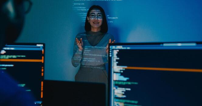Asia female software developer mentor leader manager talk strategy plan to executive write prompt AI bot IT app program nomad, game, designer, data center. Projecting slideshow code. photo