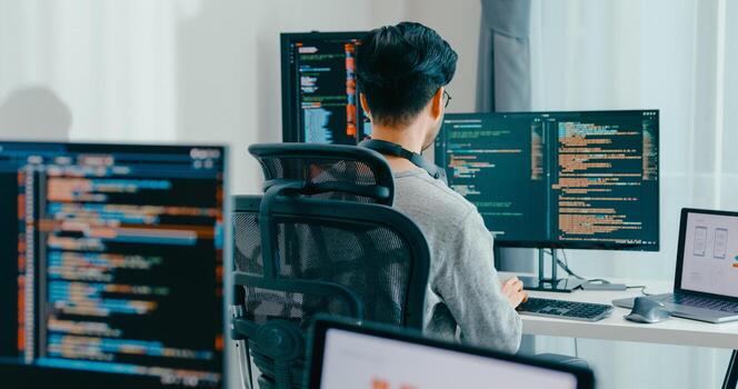 Young adult Asia male freelance typing write prompt AI bot IT app smart program nomad, game, terminal with coding, user interface, designer, big data center on desktop computer photo