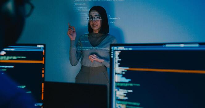 Asia female software developer mentor leader manager talk strategy plan to executive write prompt AI bot IT app program nomad, game, designer, data center. Projecting slideshow code photo