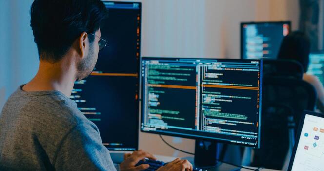 Group Adult Asia male, female freelance typing write prompt AI bot IT app smart program nomad, game, terminal with coding language, designer, data center on desktop computer in night office photo