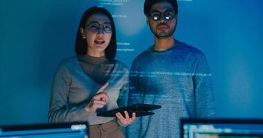 Group adult Asia male female software developers mentor leader manager talk strategy plan to executive write prompt AI bot IT app program nomad, game, data center. Projecting slideshow code photo