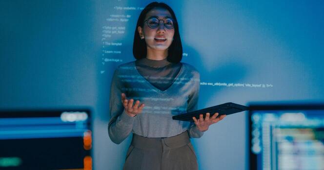 Asia female software developer mentor leader manager talk strategy plan to executive write prompt AI bot IT app program nomad, designer, data center. Projecting slideshow code photo