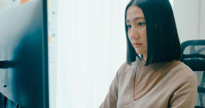 Closeup Adult Asia female freelance typing write prompt AI bot IT app smart program nomad, game, terminal with coding language, user interface, designer, big data center on desktop computer. photo