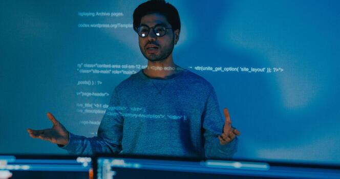 adult Asia male software developers mentor leader manager talk strategy plan to executive write prompt AI bot IT app program nomad, game, designer, data center. Projecting slideshow code. photo