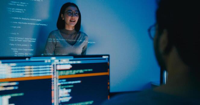 Group Asia female software developer mentor leader manager talk strategy plan to executive write prompt AI bot IT app program nomad, game, data center. Projecting slideshow code photo