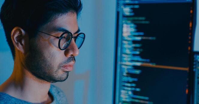 Closeup Asia male typing write prompt AI bot IT app smart program nomad, game, terminal with coding language, designer, big data center on desktop computer in night office. photo