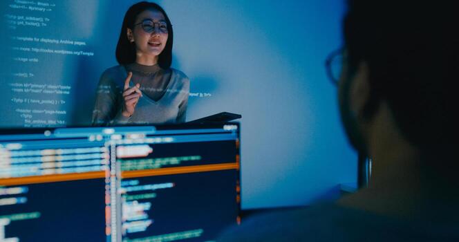 Group Asia female software developer mentor leader manager talk strategy plan to executive write prompt AI bot IT app program nomad, game, designer, data center. Projecting slideshow code. photo