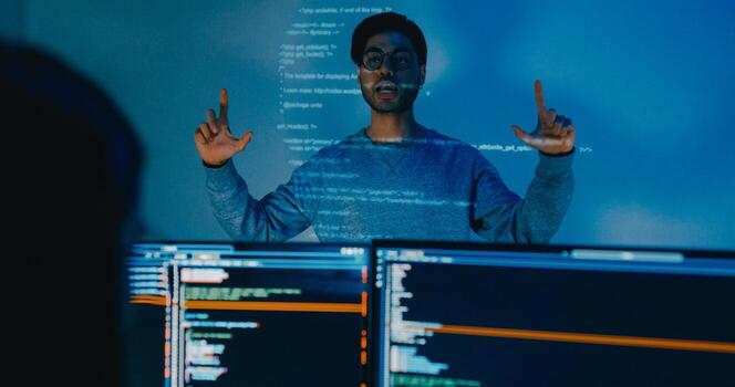 Group Asia male software developers mentor leader manager talk strategy plan to executive write prompt AI bot IT app program nomad, game, designer, data center. Projecting slideshow code. photo