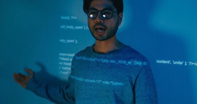 Asia male software developers mentor leader manager talk strategy plan to executive write prompt AI bot IT app program nomad, data center. Projecting slideshow code photo