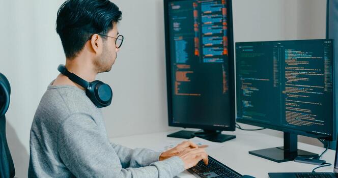 Young adult Asia male freelance write prompt AI bot IT app smart program nomad, game, terminal with coding, user interface, designer, big data center on desktop computer. photo