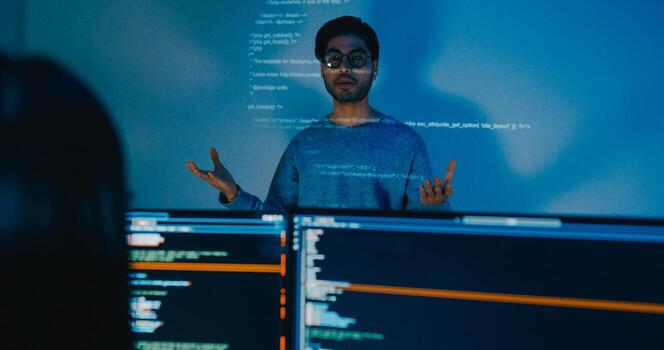 Group Asia male software developers mentor leader manager talk strategy plan to executive write prompt AI bot IT app program nomad, game, data center. Projecting slideshow code photo