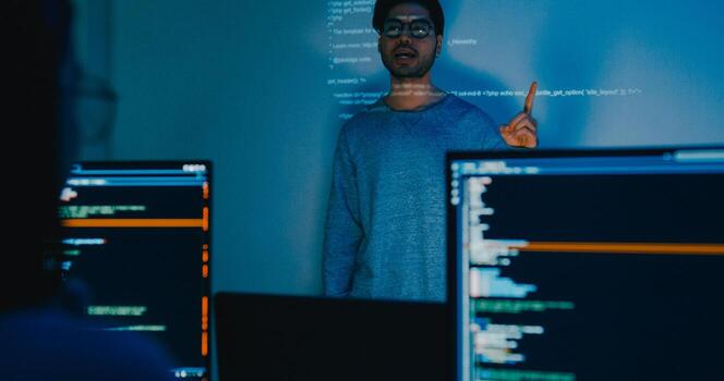 Asia male software developers mentor leader manager talk strategy plan to executive write prompt AI bot IT app program nomad, game, designer, data center. Projecting slideshow code photo