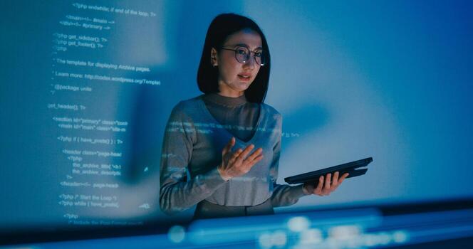 Group Asia female software developer mentor leader manager talk strategy plan to executive write prompt AI bot IT app program nomad, designer, data center. Projecting slideshow code. photo