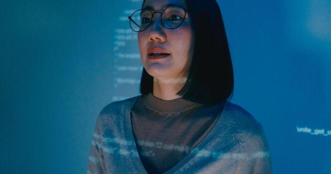 Asia female software developer mentor leader manager talk strategy plan to executive write prompt AI bot IT app program nomad, data center. Projecting slideshow code photo