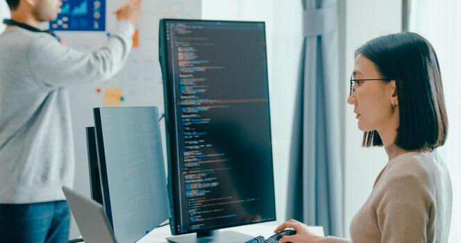 Group adult Asia male female software developers mentor leader manager talk strategy plan to executive write prompt AI bot IT app program nomad, game, data center. Whiteboard slideshow code photo