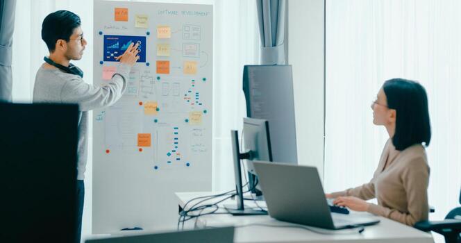 Group adult Asia male female software developers mentor leader manager talk strategy plan to executive write prompt AI bot IT app program, data center. Whiteboard slideshow code photo