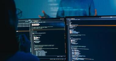 Asia male software developers mentor leader manager talk strategy plan to executive write prompt AI bot IT app program nomad, game, data center. Projecting slideshow code photo