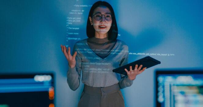 Asia female software developer mentor leader manager talk strategy plan to executive write prompt AI bot IT app program nomad, game, data center. Projecting slideshow code photo