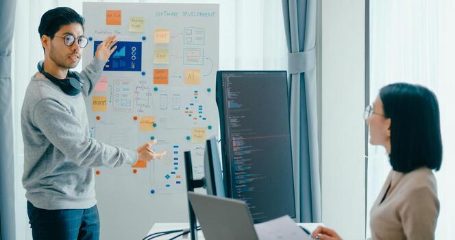 Group Asia male female software developers mentor leader manager talk strategy plan to executive write prompt AI bot IT app program nomad, game, data center. Whiteboard slideshow code photo