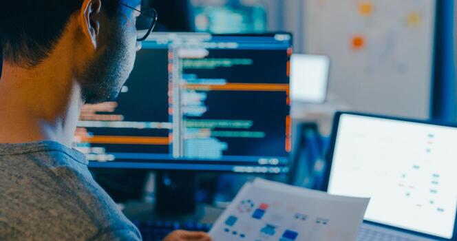 Closeup adult Asia male freelance typing write prompt AI bot IT app smart program nomad, game, terminal with coding language, designer, big data center on desktop computer in night office photo