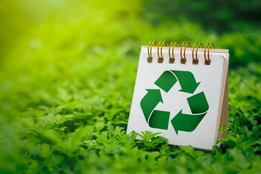 Green recycling symbol on small calendar with fresh green grass background. Concepts of reducing and reusing, environmentally friendly products, CSR, zero waste. with copy space photo